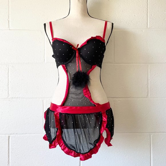 Passion Forever Black Red Trim Bedazzled Apron Christmas Lingerie Women's Medium - Picture 1 of 4
